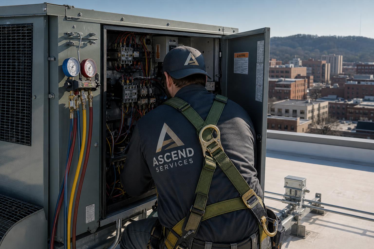 Illustrative Ascend Services technician servicing a commercial rooftop HVAC unit