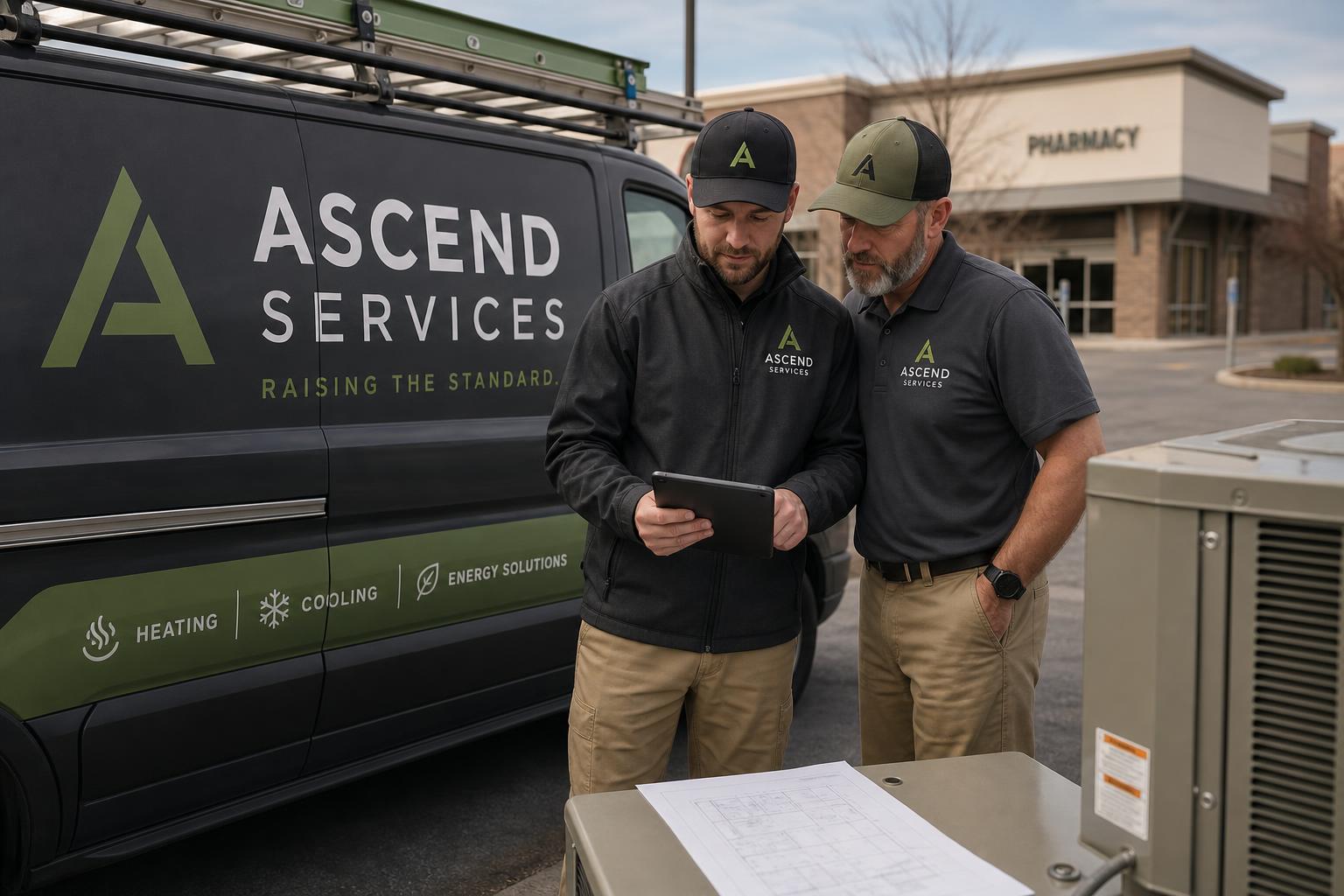 Illustrative Ascend Services commercial team reviewing an HVAC service plan