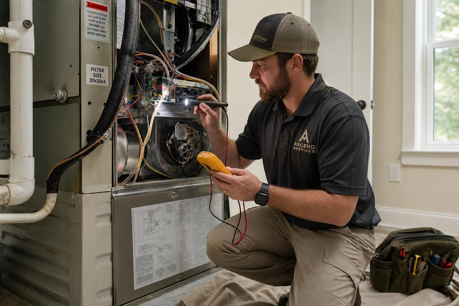 Illustrative Ascend Services technician inspecting an indoor air handler