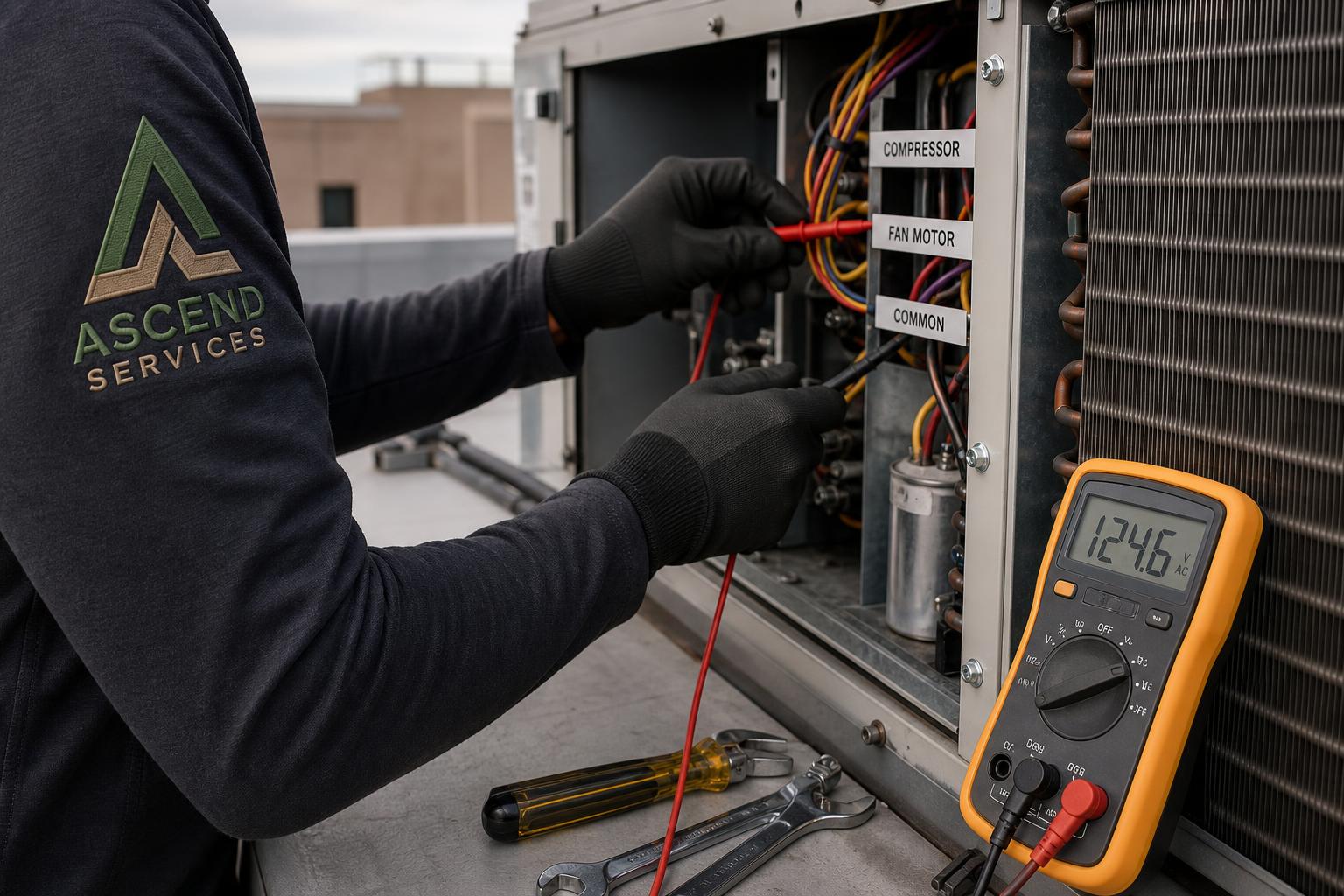 Illustrative close view of preventive maintenance on commercial HVAC equipment