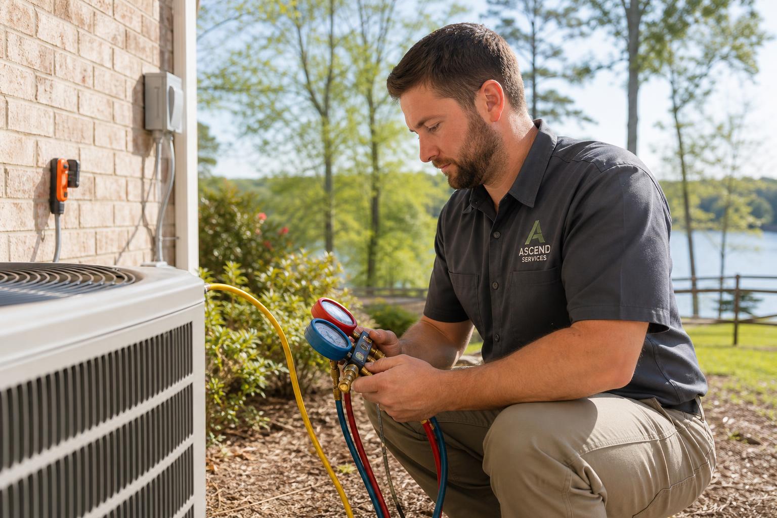 Illustrative Ascend Services technician diagnosing a residential heat pump
