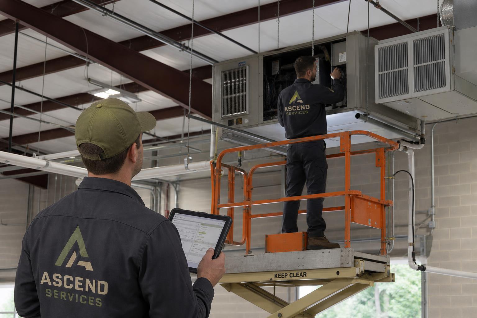 Illustrative Ascend Services technicians inspecting warehouse HVAC equipment