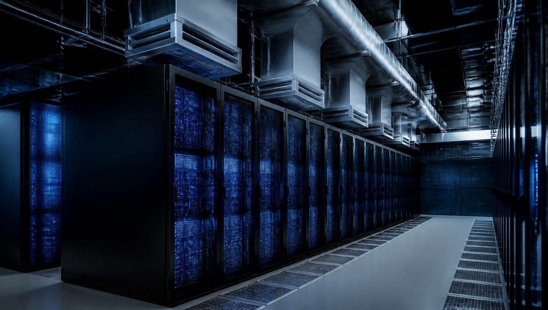 Data center server room with industrial HVAC cooling ducts